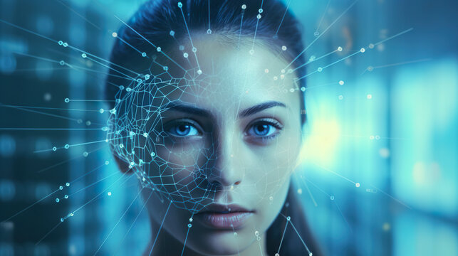 Futuristic Neural Network Pattern Over Woman Face