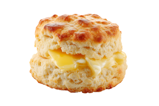 Golden brown buttered scone with a glossy crust isolated on white background.