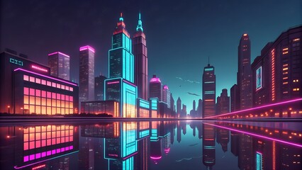Obraz premium Neon-Lit Futuristic Skyline Reflected in Water – Vibrant Night Cityscape with Skyscrapers and Urban Glow 