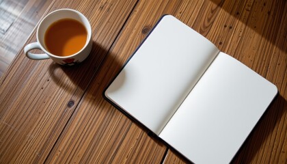 open notebook with pencil and cup of tea on wooden table, minimal writing space, morning journaling mood, cozy and calm scene.
