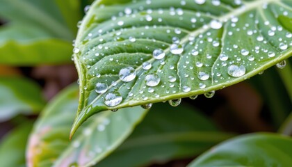 macro of raindrops on a vibrant green leaf, nature details, moisture and clarity concept, clean and vivid, calm natural background.