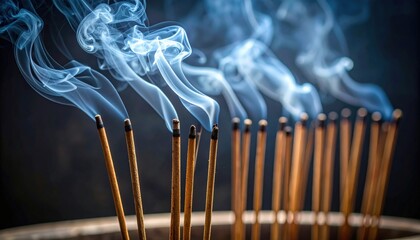 Incense Sticks With Blue Smoke On Dark Background