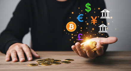 currency exchange concept, Person holding glowing coin with floating international money symbols including bitcoin dollar euro yen and pound beside banking icons on wooden table

