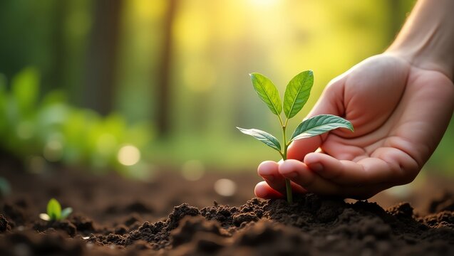 A gentle hand nurturing a young plant in rich soil, symbolizing growth, new beginnings, and environmental stewardship.