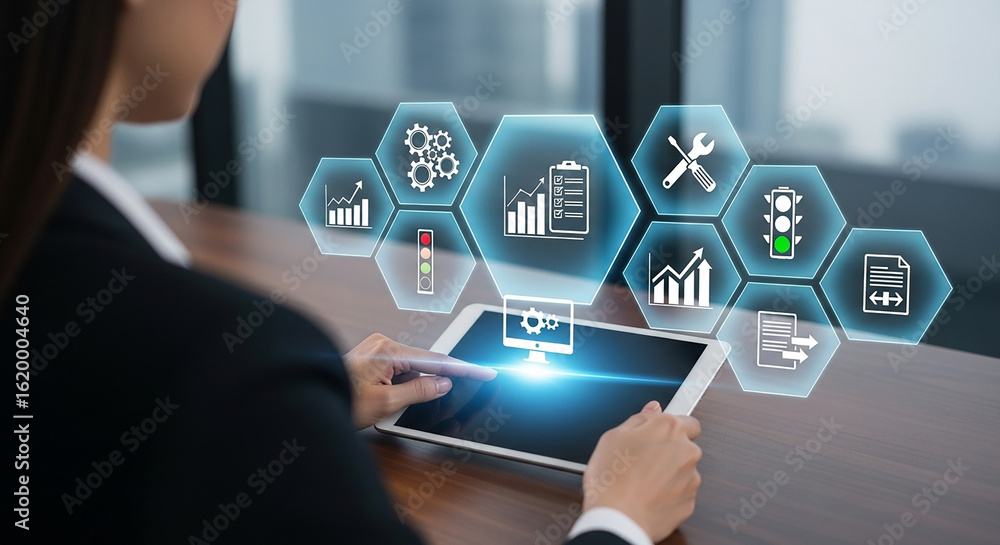 Poster business performance dashboard, woman using tablet with glowing digital hexagon interface showing ch