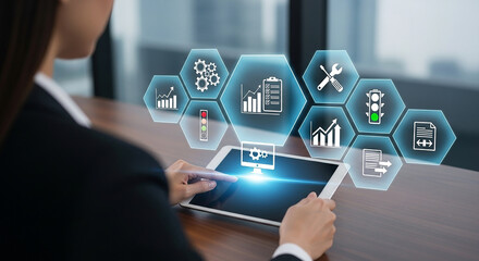 business performance dashboard, Woman using tablet with glowing digital hexagon interface showing charts settings tools checklist and analysis for corporate productivity optimization

