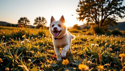 happy dog running in a field during golden hour, pet lifestyle, freedom and energy, joyful candid moment in nature.