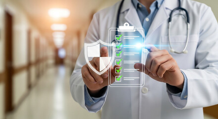 healthcare checklist security, Doctor in lab coat using futuristic holographic interface with shield icon and digital clipboard showing completed medical tasks in hospital corridor

