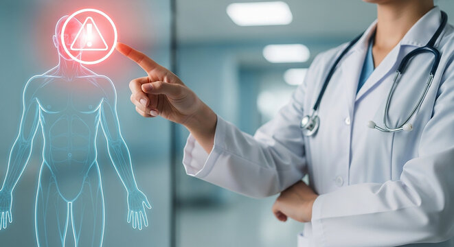 medical warning alert, Female doctor pointing at glowing red hazard symbol above human body hologram in futuristic hospital interface showing health risk detection and diagnosis system

