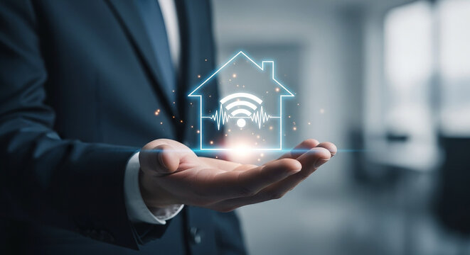 smart home control, Businessman presenting glowing holographic house icon with wifi signal in modern office showing digital technology for automation connectivity and wireless access