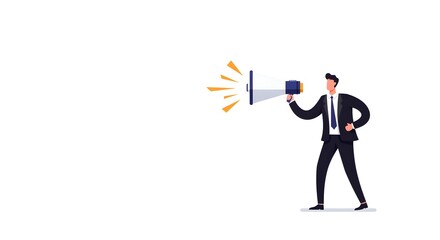 A businessman in a suit making a loud announcement with a megaphone, symbolizing marketing, leadership, and communication.