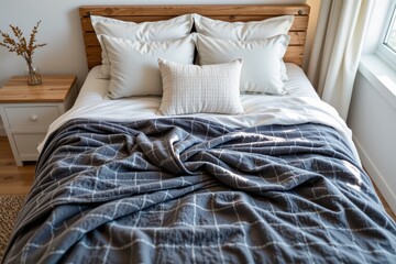 Inside the bedroom, there is a comfortable bed with pillows and blankets, showing the luxury and comfortable decoration.