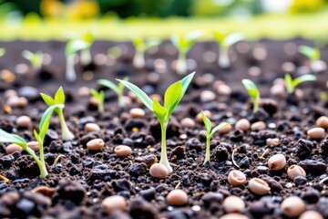 closeup of seeds sprouting from dark soil, fresh green leaves, concept of growth and renewal, natural macro perspective.