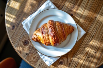 top down photo of warm croissant on a ceramic plate with linen napkin, morning light and cozy cafe feeling.