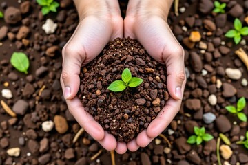 Hands gently holding a small green seedling growing from soil representing growth and nature.