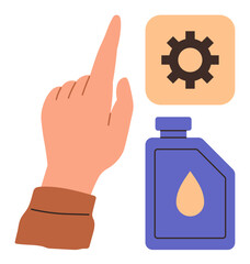 Hand in a pointing gesture near gear icon and oil container, conveying repair, configuration, and engineering. Ideal for maintenance, usability, industry, energy, automotive optimization simple