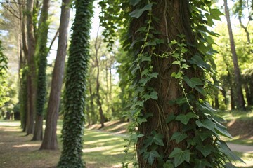 Close-up of vines hanging from tall trees