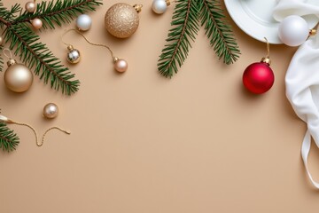 flat lay of holiday ornaments on beige background, minimalist festive theme with neutral and gold color palette.