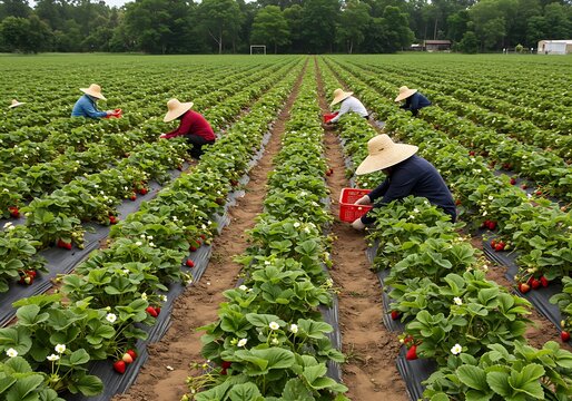 Agricultural workers harvesting ripe strawberries in a vast field during the peak picking season. - Powered by Adobe
