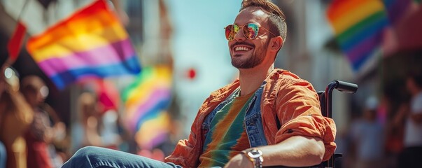Disabled queer man in a wheelchair celebrating pride festival with rainbow flags, promoting inclusion and diversity during the summer event, Generative AI