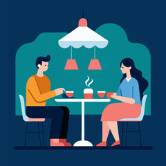 Couple on date, woman and man sit in restaurant vector on colorful background.