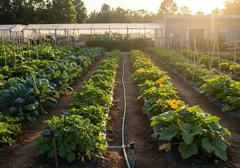 Lush vegetable garden with rows of crops growing on a sustainable farm at sunset, with a greenhouse in the background.