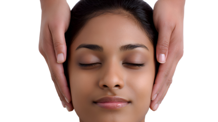 Closeup of a Woman Receiving a Gentle Facial Massage, Her Eyes Closed in Peaceful Serenity, Soft Hands Gently Caressing Her Face, Promoting