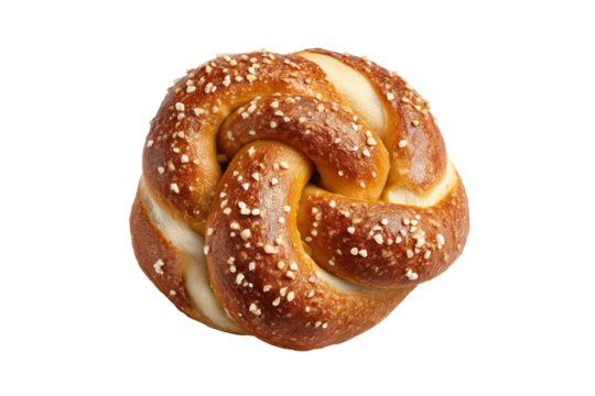 German pretzel bun with crusty top and soft inside, isolated on white background.