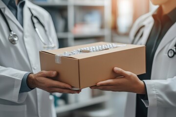 Pharmaceutical sales representative presenting a new medication to a doctor in a medical building, holding a box of medication samples. The image focuses on the professional, Generative AI
