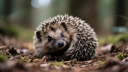 Naklejka premium A hedgehog with spiky quills sits on the forest floor, surrounded by leaves and natural debris.