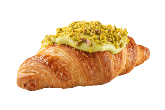 Pistachio croissant with creamy pistachio filling and crushed nuts on top, isolated on white background