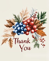 Autumn Thank You Card with Blue and Red Berries and Fall Leaves for Seasonal Greeting