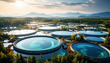 Aerial View Of Circular Water Treatment Ponds At Sunset