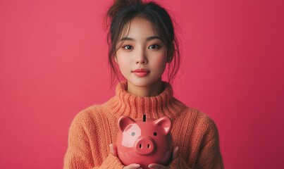 Young Asian woman with a piggy bank saving money and budgeting during a cost of living crisis, symbolizing financial awareness and smart money management, Generative AI