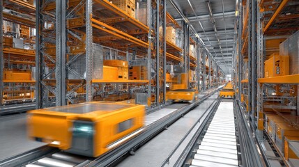 Fototapeta premium Automated delivery in warehouse background shelves for e-commerce product stocking