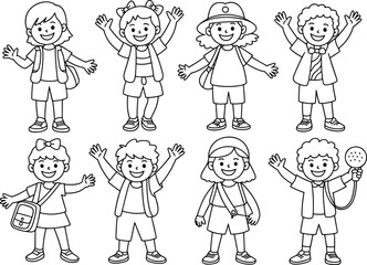 Black and white cartoon illustration of happy school children standing, smiling, waving hands, wearing backpacks, perfect for coloring books