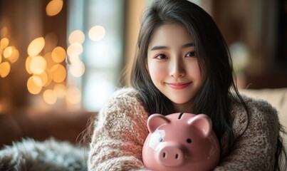 Young Asian woman with a piggy bank saving money and budgeting during a cost of living crisis, symbolizing financial awareness and smart money management, Generative AI