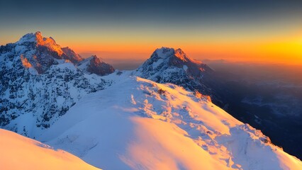 Breathtaking sunset and sunrise over snowy winter mountains and Alps landscape with high peaks