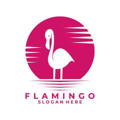 Flamingo with sun and water logo design vector. Nature flamingo bird logo design icon