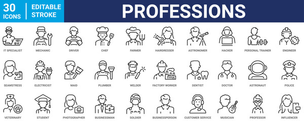 Work and Professions web line icons set. Human characters, avatars. Cook, doctor, policeman, nurse, fireman, worker. Editable stroke.