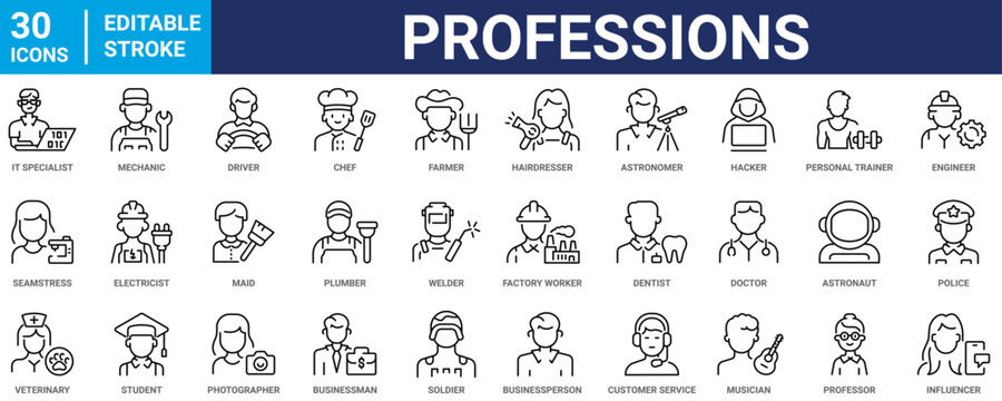 Work and Professions web line icons set. Human characters, avatars. Cook, doctor, policeman, nurse, fireman, worker. Editable stroke.