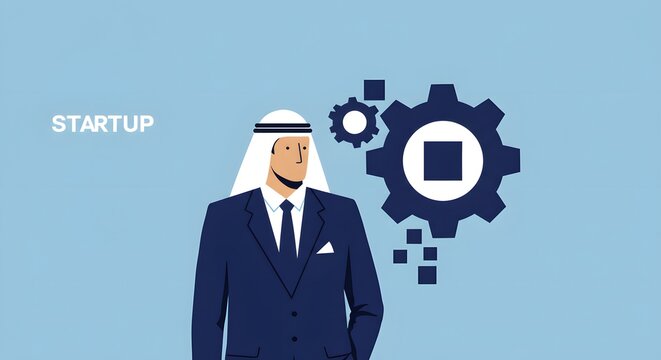 Arab businessman in a suit, concept of startup, gears and technology.