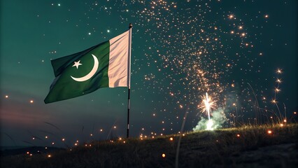 Celebrate Pakistan Independence Day with vibrant fireworks and the national flag waving proudly in the night sky