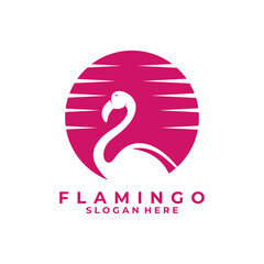 Flamingo with Sun in pink color logo design template. Flamingo logo design icon