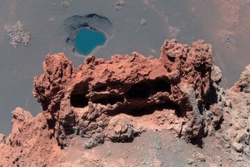 Aerial view of volcanic crater with turquoise pool and rocky formations