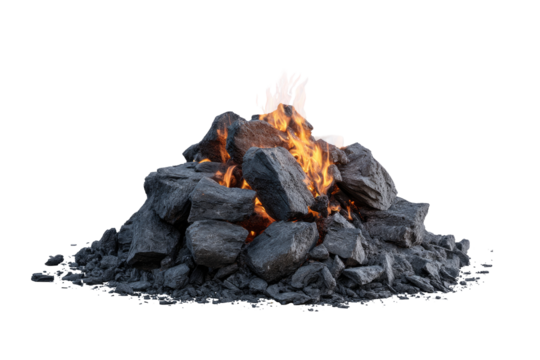 A fire burning amidst a pile of dark grey rocks