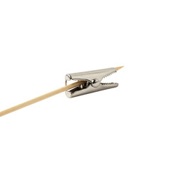 A metallic alligator clip with serrated jaws attached to a slender, light wooden skewer, isolated on a bright white studio background, showcasing precision tool