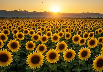 Fototapeta premium Stunning Sunset Over a Vast Sunflower Field