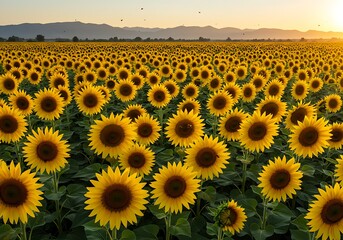 Fototapeta premium Golden Sunflower Field at Sunset A Vibrant Rural Landscape