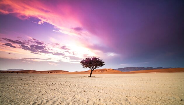 A lone tree stands in a vast desert landscape at sunset. Dramatic colors